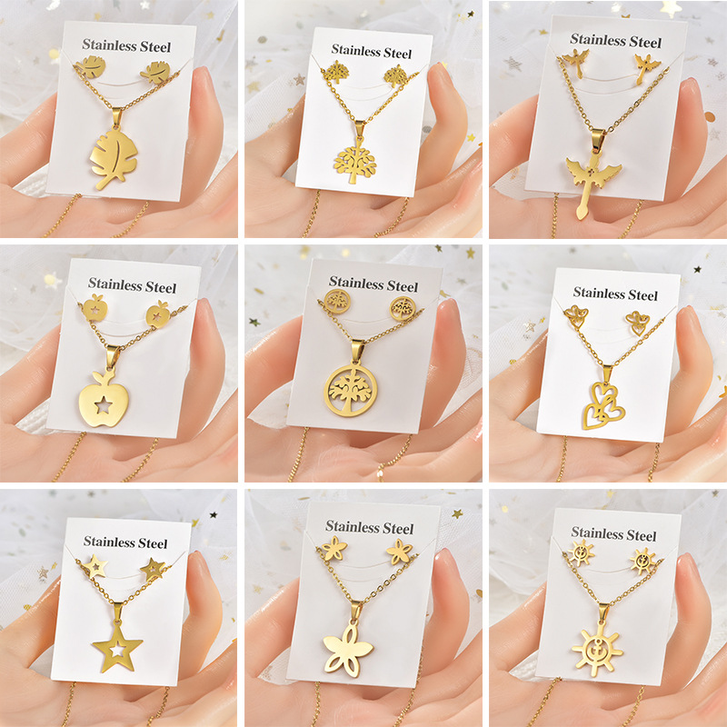 Moda Estrella Árbol Forma De Corazón Acero Titanio Ahuecar Mujeres Aretes Collar 1 Juego display picture 1