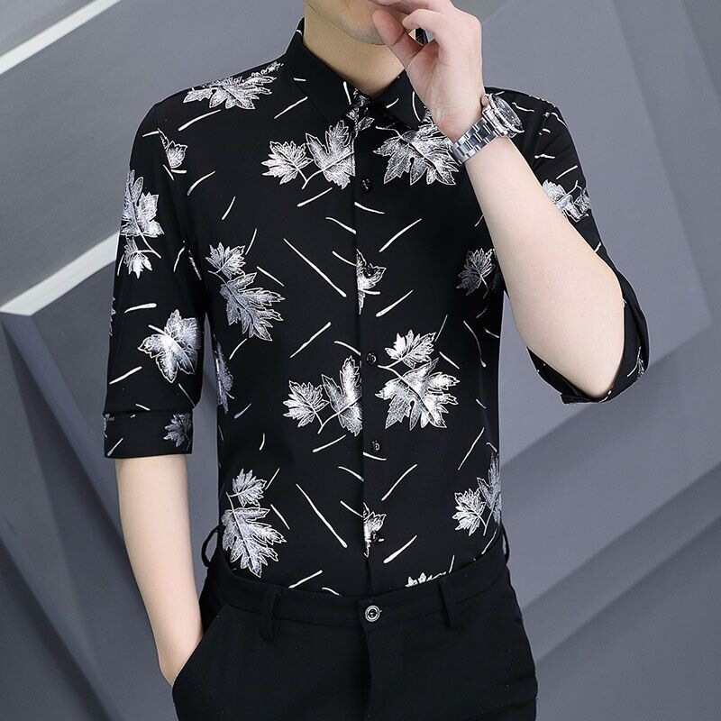 Summer Men's Casual Korean Style New Slim-Fit Mid-Sleeve Trendy Shirt Printed Thin Stylish Men's Shirt Black