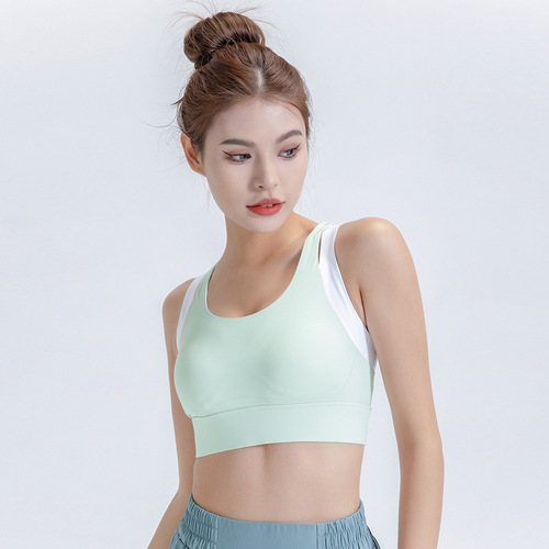 Large size contrasting color sports yoga shock-proof fake two-piece bra fixed chest pad I-shaped back underwear women's fitness top