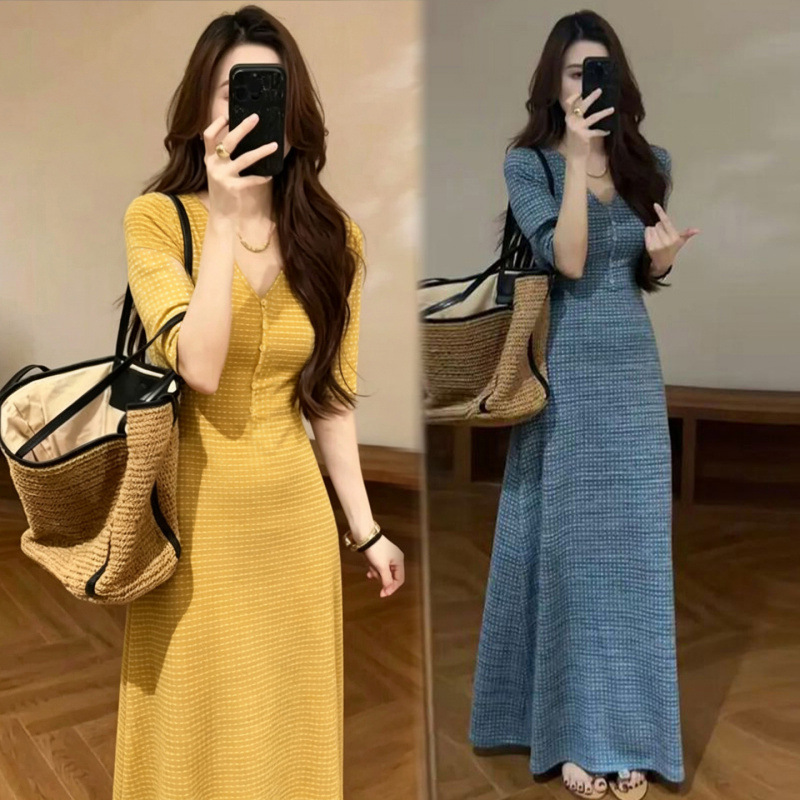 Summer New Fashion Plus-Size French-Style High-End V-Neck Stylish Slimming and Age-Reducing Mid-Length Dress for Pregnant Women