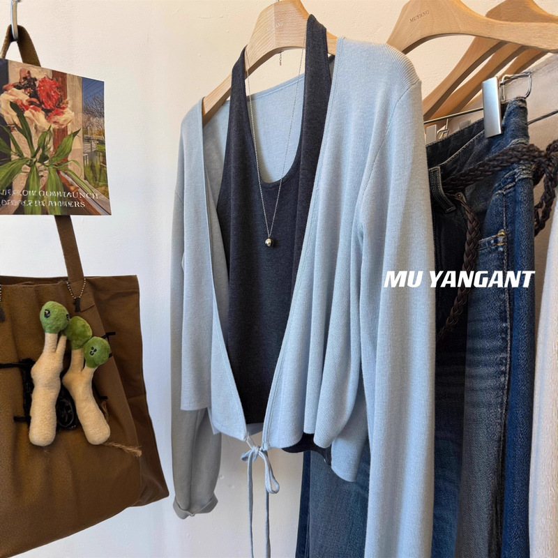 MUYANG 温柔蓝色拼灰背心 绑带假两件针织衫开衫 女假套式毛衣女|undefined