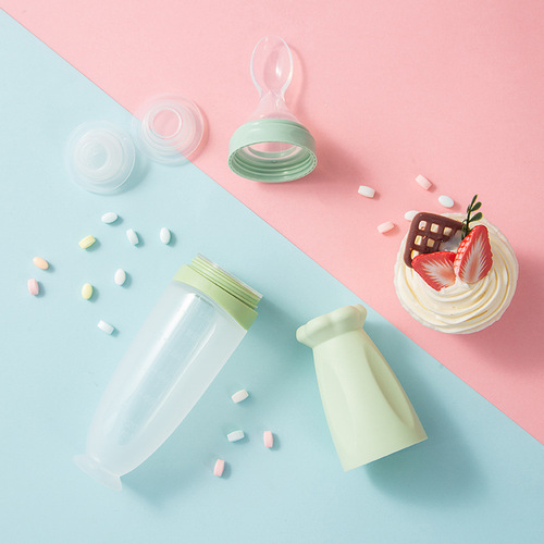 Baby rice cereal spoon milk bottle squeeze feeding silicone soft spoon baby food supplement tool bowl rice cereal feeding artifact