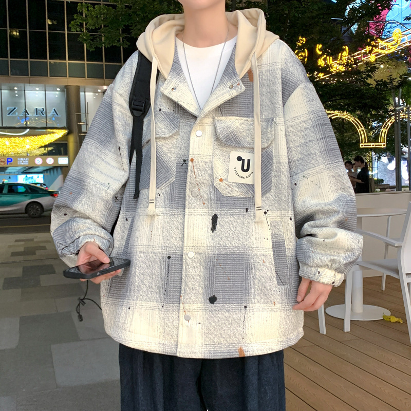 春秋季工装格子外套男潮流宽松大码青少年帅气百搭假两件连帽夹克|undefined