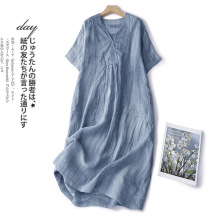 实拍短袖棉麻连衣裙女文艺复古皱减龄亚麻长裙2023新款