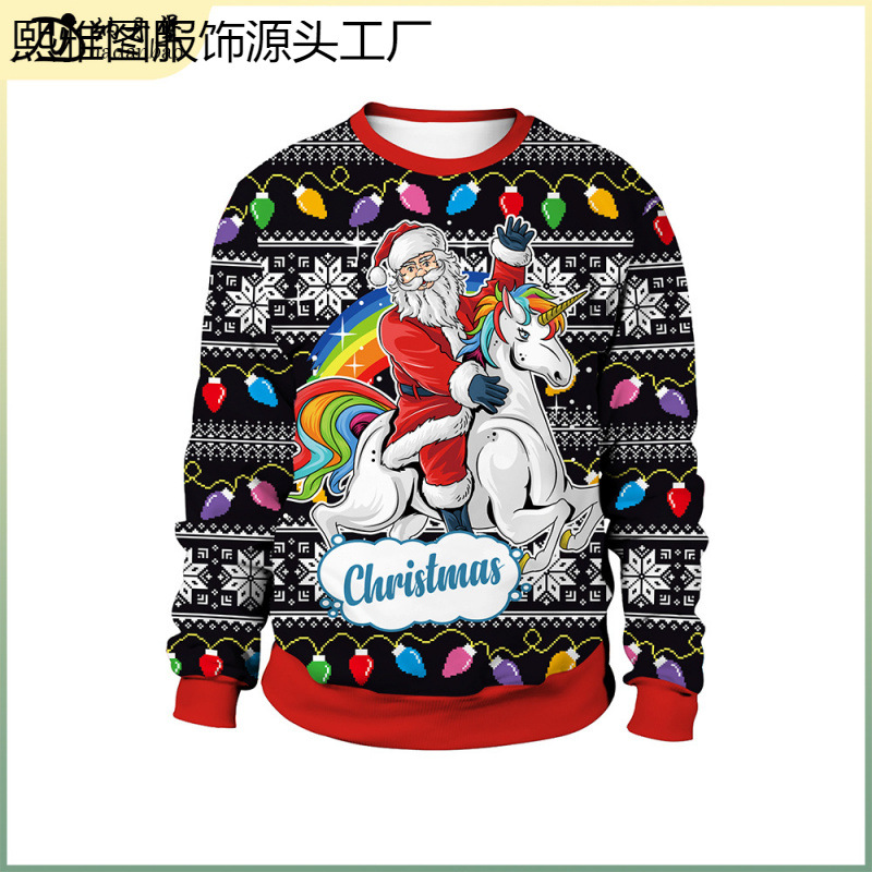 2024春季欧美女装圣诞圣诞老人数码印花圣诞套头圆领圣诞情侣卫衣