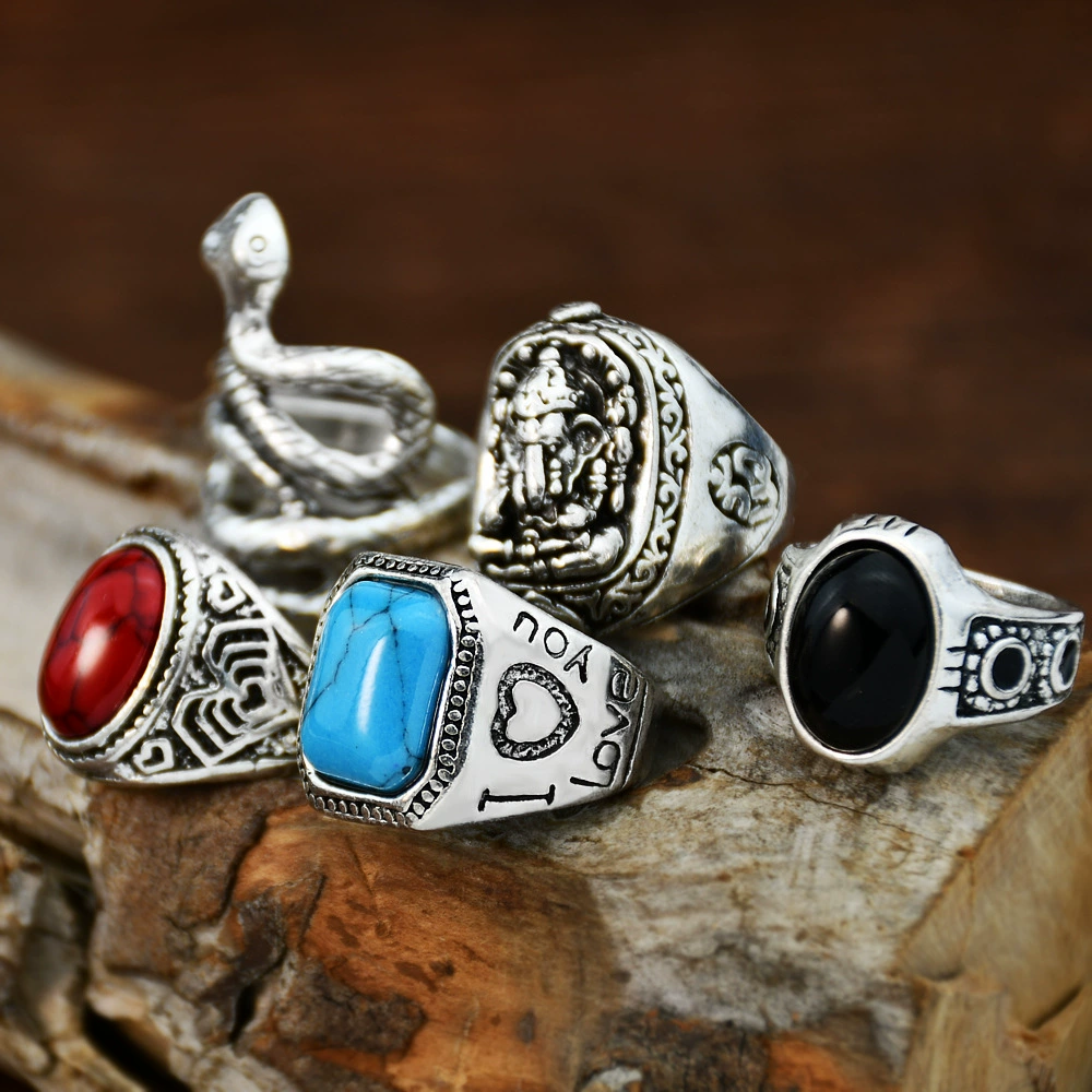 Retro turquoise ring with stone, set, accessory, Amazon, does not fade