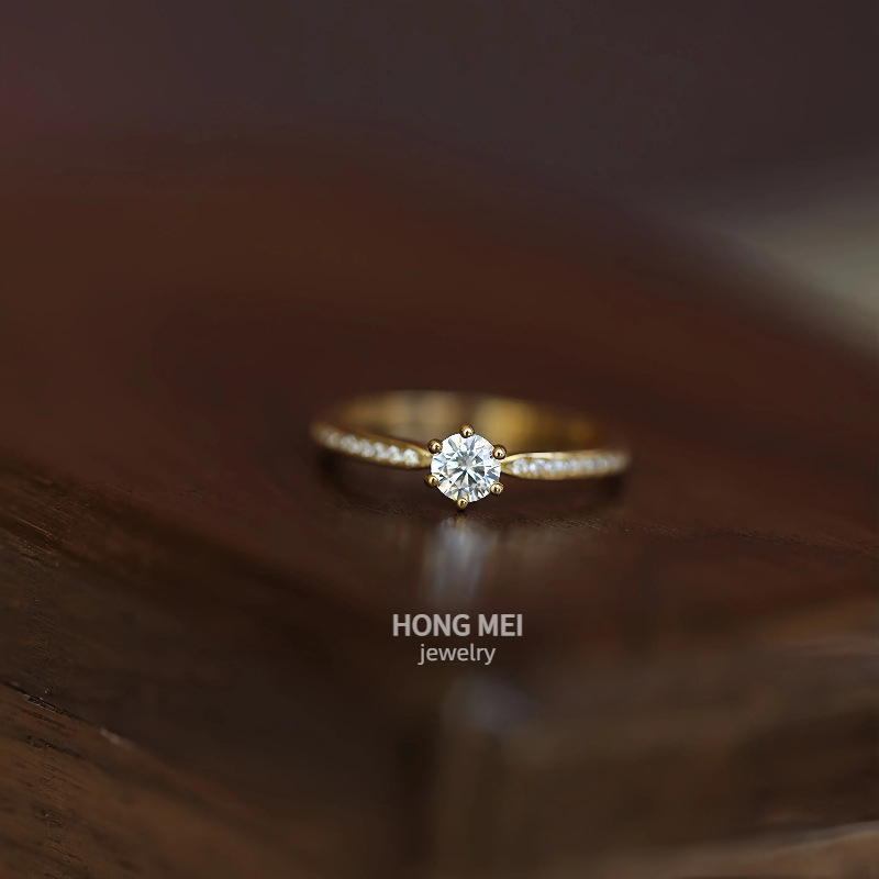 S925纯银镀18K金经典六爪钻戒指女简约设计高级感轻奢时尚百搭指