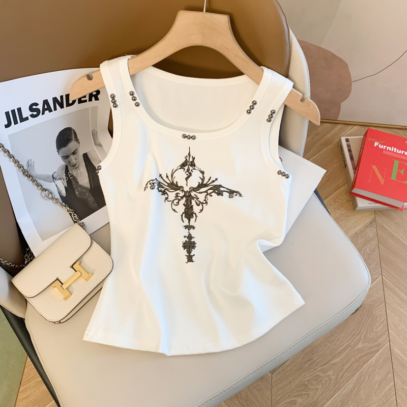 Real Shot of Beaded Trendy Biker Slim-Fit Vintage Harajuku Style American Street Style Camisole T-Shirt for Women