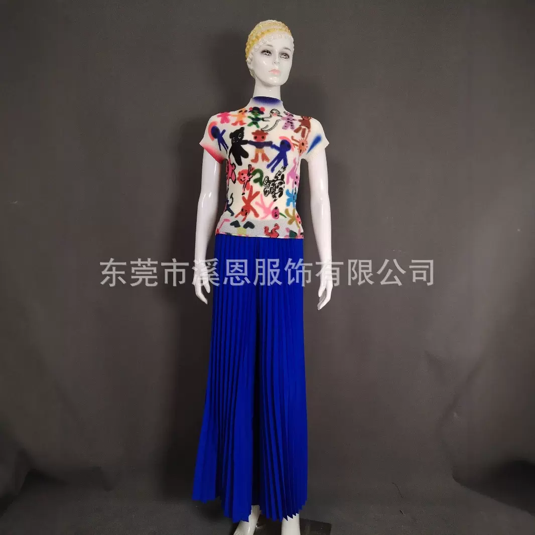 Miayki褶皱时尚印花玉米粒T桖上衣+百褶阔腿裤两件套装dress女装