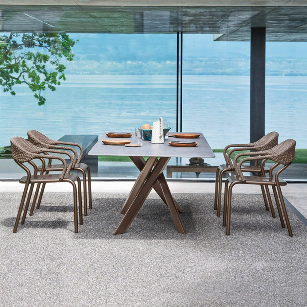 戶外桌椅組合庭院露天防水防曬花園別墅室外休閒藤編藤椅岩板餐桌