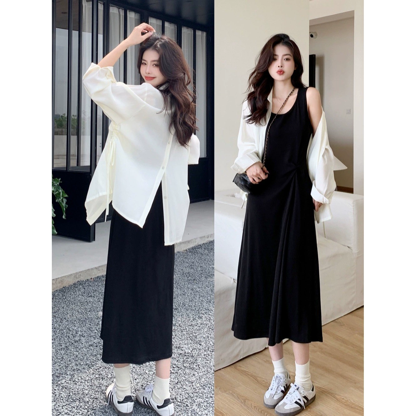 Женское черное платье-жилет больших размеров для полных женщин, юбка, закрывающая живот, рубашка и куртка, комплект из двух предметов