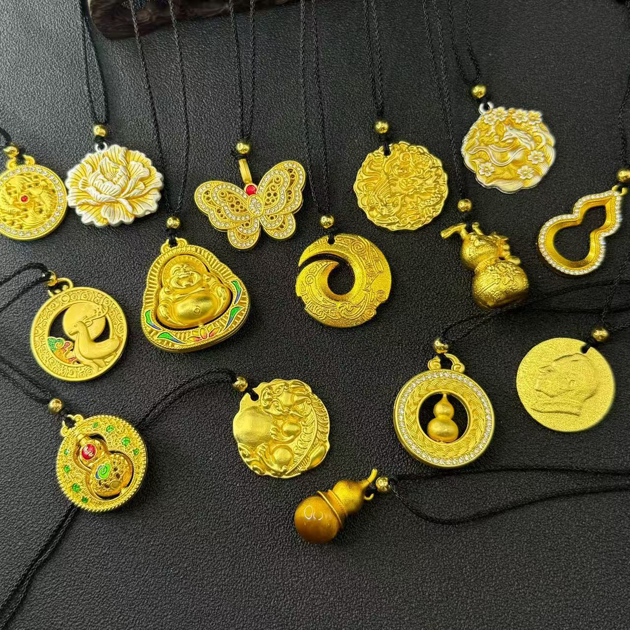 New Chinese style antique gold-plated gourd pendant, gold gourd necklace, solid fortune and prosperity braided rope pendant, sweater chain.