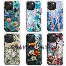 外贸爆款琉璃花朵苹果17Pro手机壳iPhone15菲林壳二合一油画花14p
