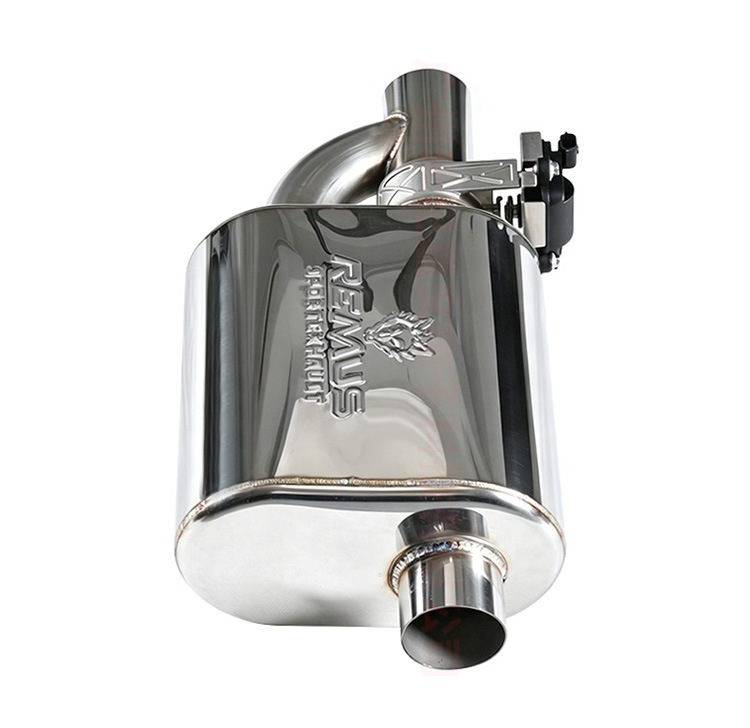 Car exhaust pipe modification with REMUS wolf logo, electric single inlet single outlet valve, upgraded variable sound for sports car