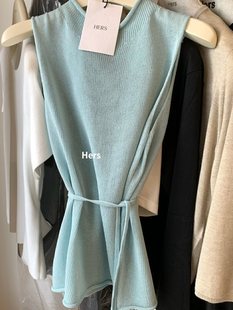 Hangzhou Four Seasons Youth Women's Clothing Guangzhou Thirteen Elements Ribbon Thin Linen Ice Silk Knitted Vest Lake Blue Top Summer