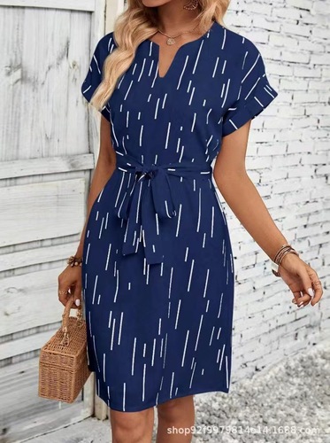 2025 Summer New Arrival European and American Style Cross-Border Elegant Printed V-Neck Batwing-Sleeve Waist-Slimming Dress