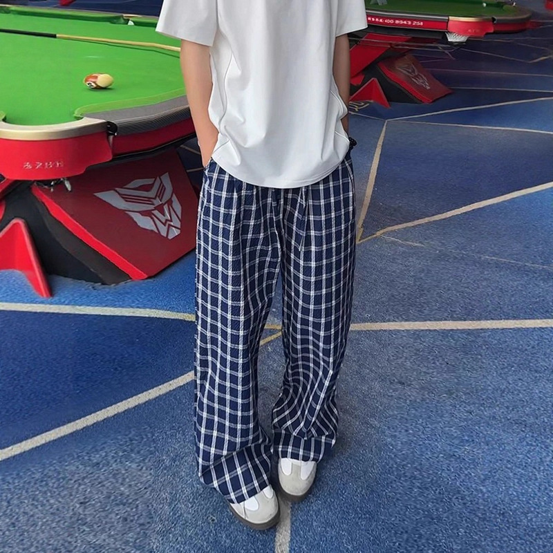 Seersucker Navy Blue Plaid Pants Men's Autum Ice Silk Wide-Leg Pants Loose Bf Lazy Style Draped Floor-Length Pants Seersucker Navy Blue Plaid Pants Men's Autum Ice Silk Wide-Leg Pants Loose Bf Lazy Style Draped Floor-Length Pants
