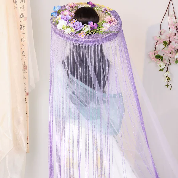Ancient Style Hair Accessories, Bamboo Hats, Long Gauze Tassels, Lace Curtains, Fairy-Like Hats, Catwalk Props, Han Dynasty Headwear for Women