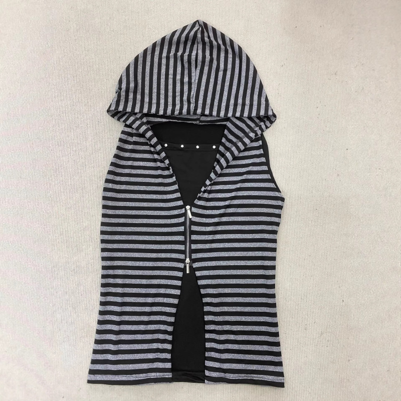 European and American Style Striped Hooded Sleeveless Vest with Zipper Cardigan Layered Gothic Y2K Spicy Girl Top European and American Style Striped Hooded Sleeveless Vest with Zipper Cardigan Layered Gothic Y2K Spicy Girl Top