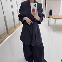 秋冬韩系慵懒大翻领高个子显瘦松弛感双面羊毛大衣系带外套女