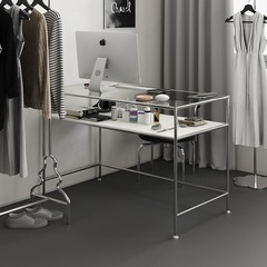 デンマークのデザイナーの家庭の長いオフィスの仕事のガラスの机の極めて簡単なステンレスのコンピュータは服装の店を展示します。