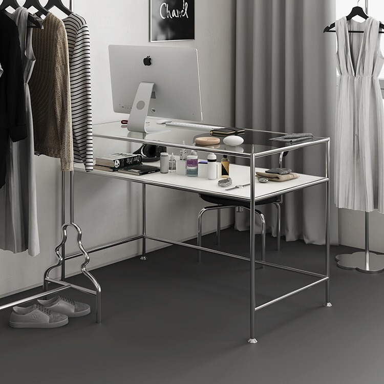 Danish Designer Home Long Office Work Glass Desk Very Simple Stainless Steel Computer Display Clothing Store