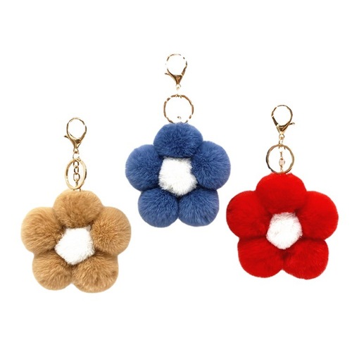 Creative flower fur ball keychain, cute plush flower bag pendant, mobile phone accessories, car key ring gift