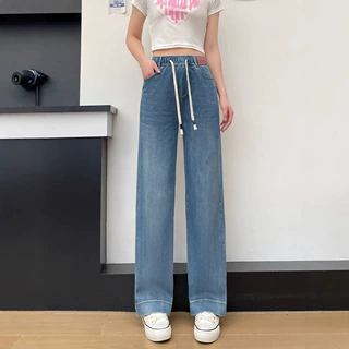 2025新款天丝棉直筒型牛仔裤女款梨型身材水洗拼接裤子女式牛仔裤