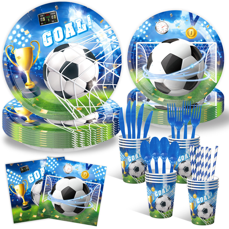 新しいブルーサッカーテーマワールドカップスポーツ競技食器使い捨て紙コップペーパータオルフラグテーブルクロス装飾|undefined