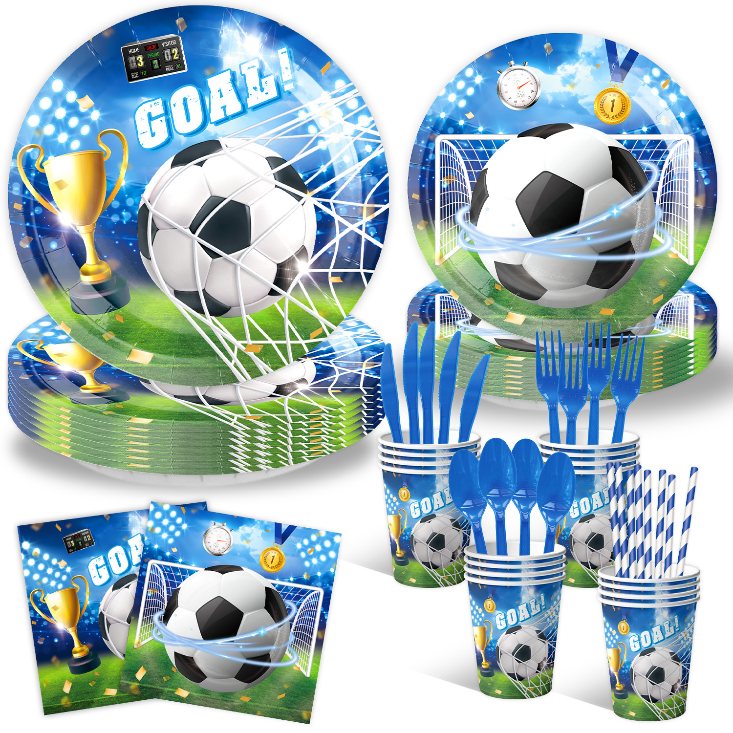 Nuevo tema de fútbol azul Copa del mundo juego deportivo vajilla vasos de papel desechables toallas de papel banderas adornos de mantel