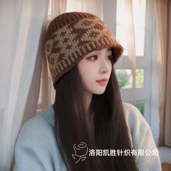 国境を越えたレトロな菱格ニット毛糸帽女性冬の韓国版の大頭囲は顔が小さい保温防寒包頭帽子である