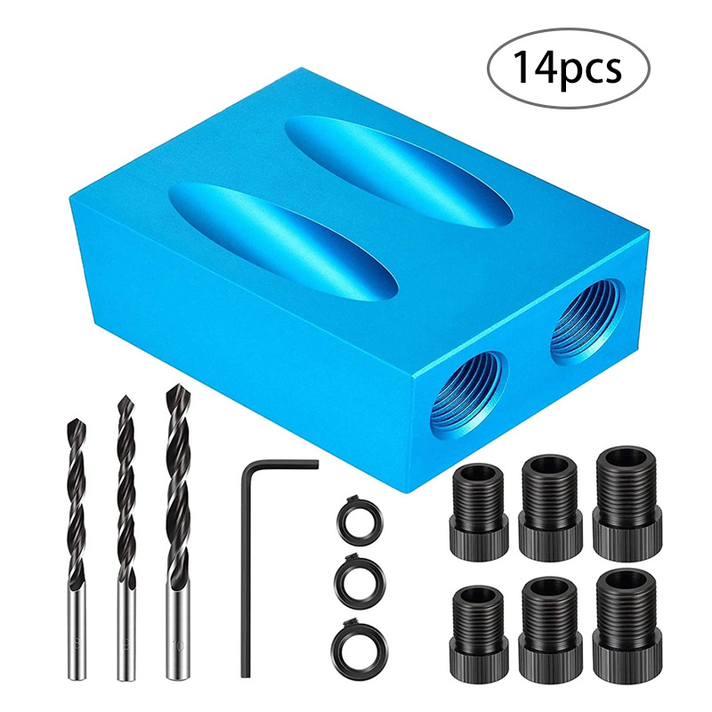 15度蓝色木工斜孔定位器 打孔定位器 拼接木板安装工具三尖钻头