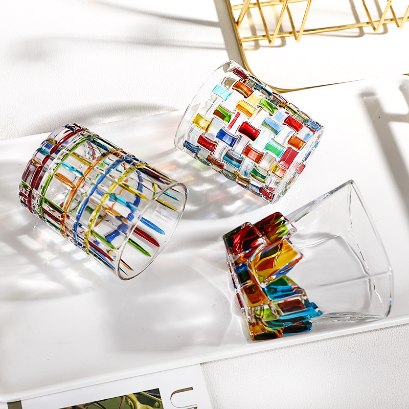 輕奢家用客廳高顏值彩色手繪威士忌漱口杯啤酒杯ins風喝水杯