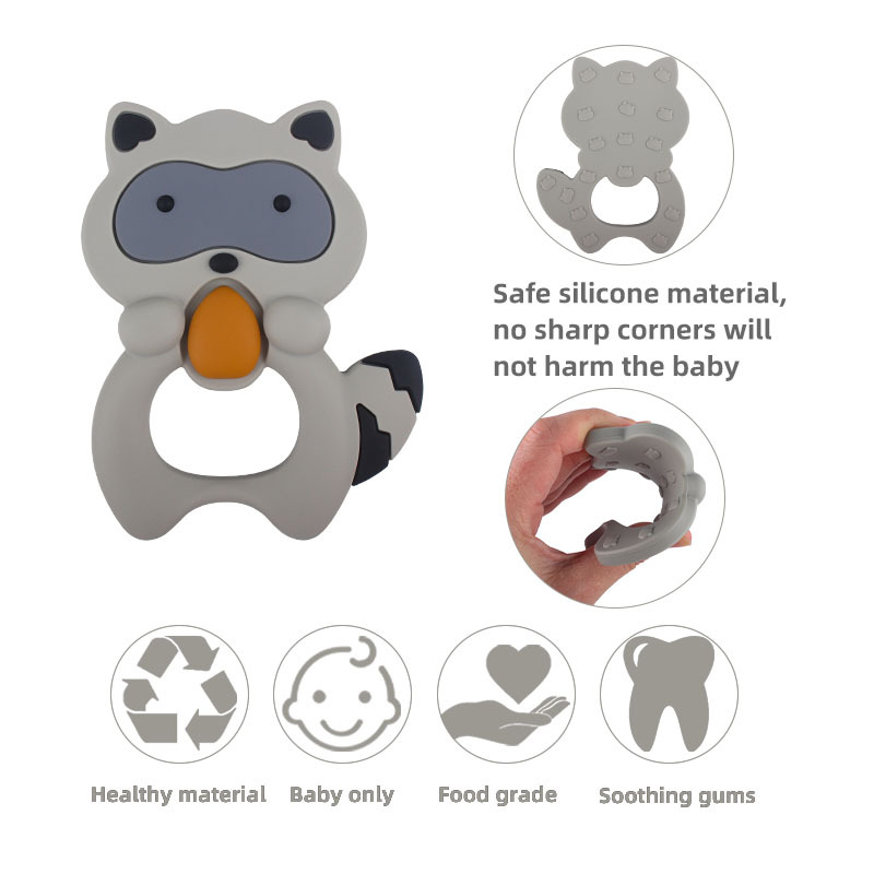 Amazon nuevo animal de dibujos animados mapache molar silicona teether bebé juguete creativo teether stick materno y infantil suministros