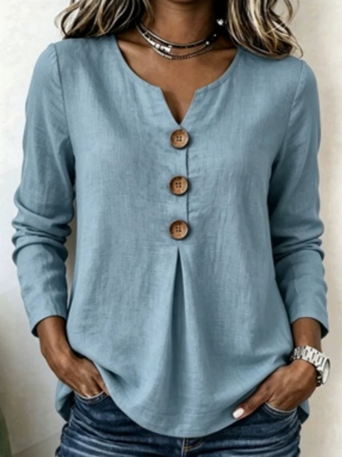 Amazon 2026 Europa y los Estados Unidos transfronterizos de verano de color sólido nuevo suelto damas de cuello V botones de algodón de lino camisa de mujer