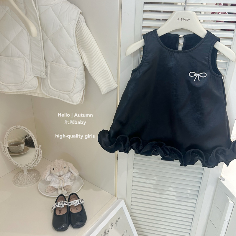 [Ropa de Niños de Leen] Año Nuevo de invierno de niñas chaleco de lana negro vestido de moda vestido de cuero