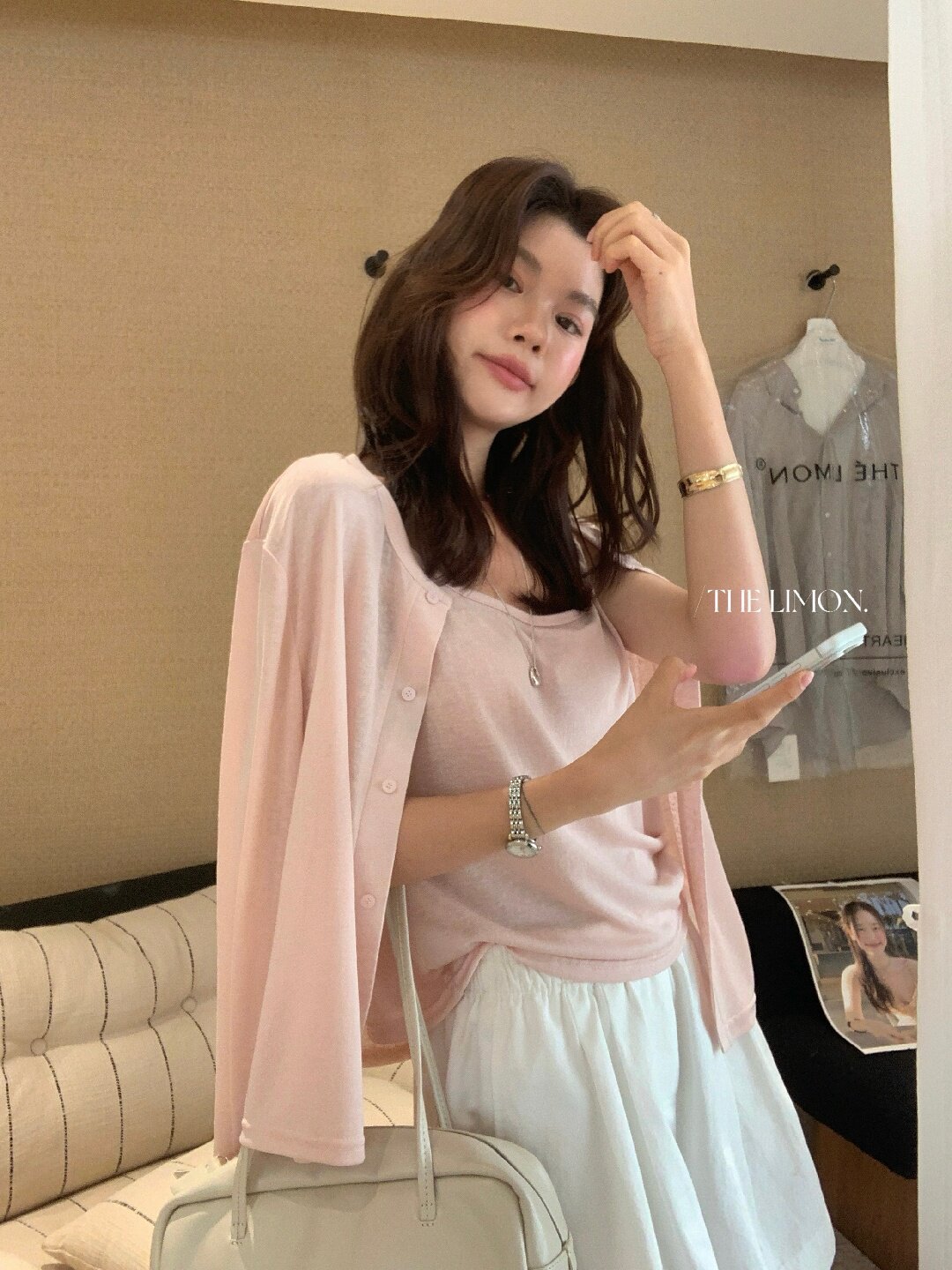 Bộ cardigan len mỏng kèm áo hai dây hai mảnh nữ mùa hè — Xám cacbon, xanh lam, màu hồng, Đậu xanh chi tiết 103
