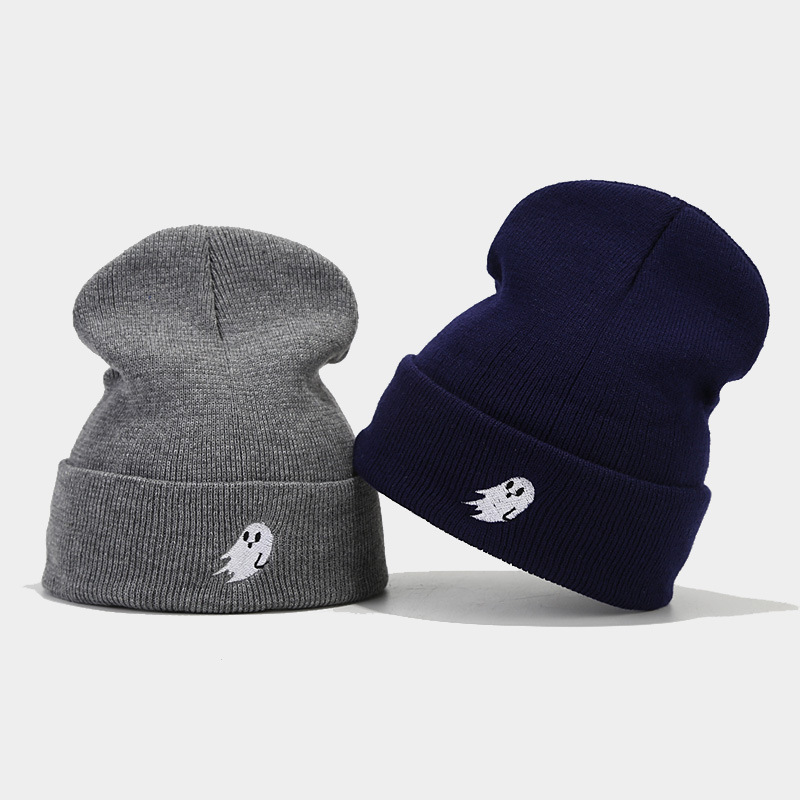 Amazon Venta caliente fantasma bordado Halloween hombres y mujeres sombrero de punto Otoño e Invierno moda de la calle sombrero frío moda caliente