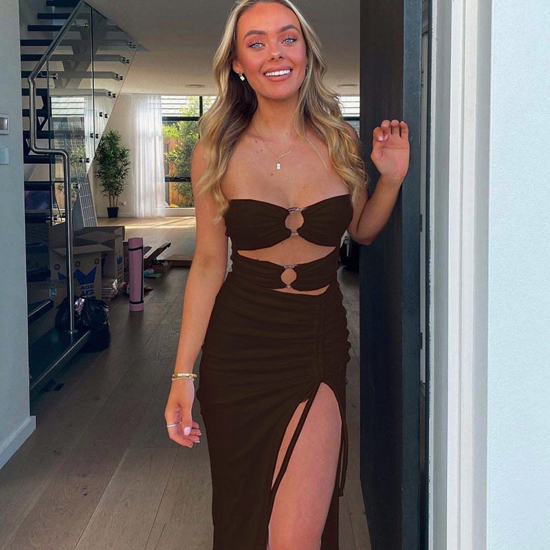 Estilo caliente transfronterizo europeo y americano 2024 verano nuevo estilo de mujer vestido de cadera de un solo hombro sexy hueco de alta abertura