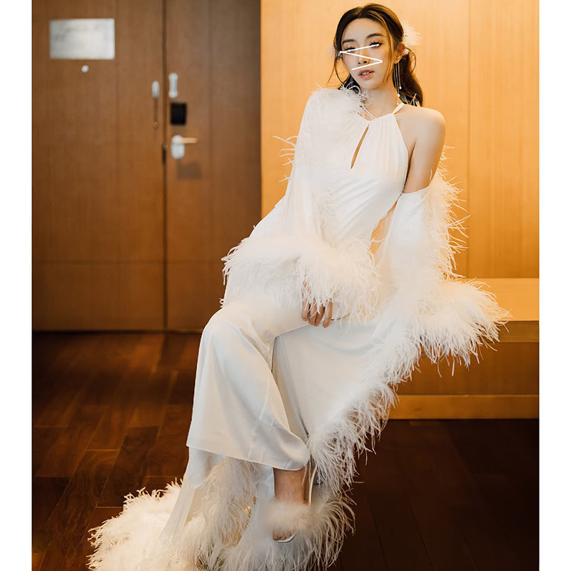In-Stock Luxury Fluffy Feather Loose-Fitting Trailing Robe Satin Pleated Backless Slit Dress Long Set