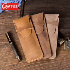Retro Crazy Horse Leather Pen Pouch, Minimalist Pure Handmade Genuine Leather Pen Case, Unisex, Brown and Caramel Color