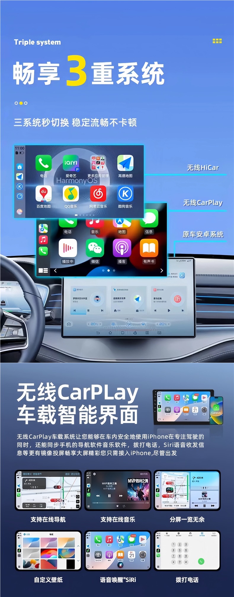 Android car system with wireless CarPlay+HiCar+Android phone connectivity, modified car system for upgrading vehicle connectivity