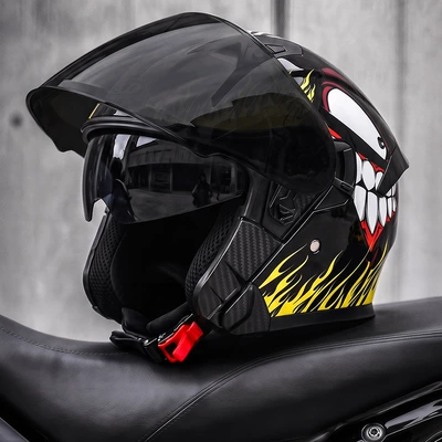 helmet for men and women, suitable | Motosiklet kaskı (dəbilqə) - yellow-flame-black-tea-mirror-free-hd-mirror-l58-59-head-circumference