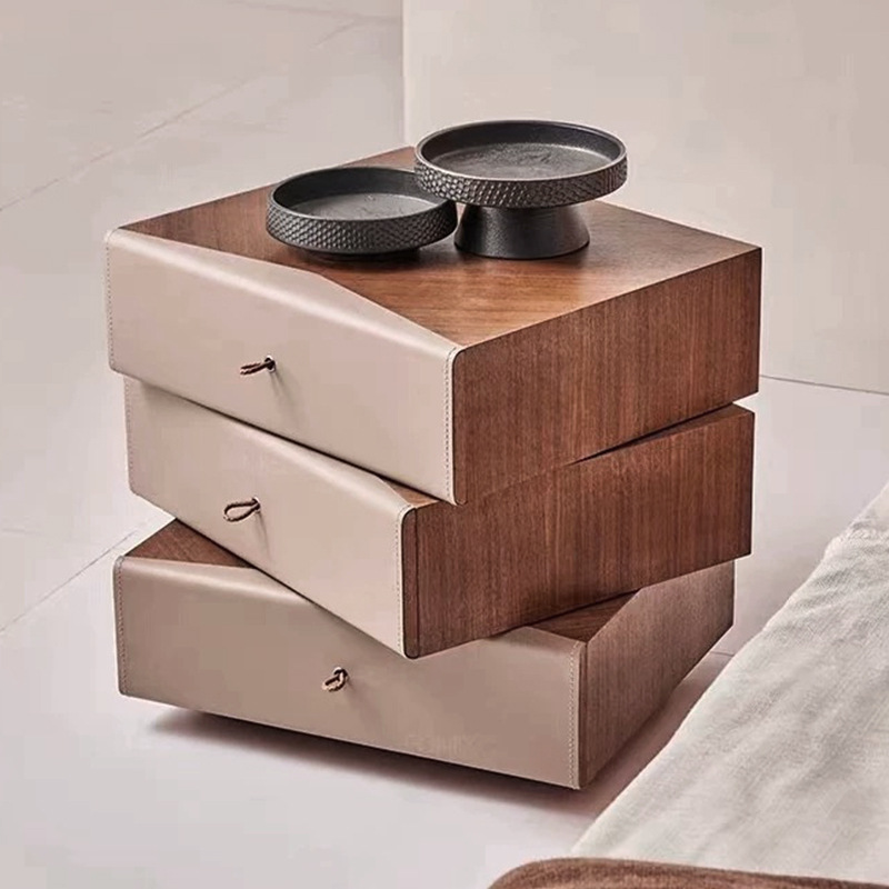 Envelope Cabinet Bedside Table for Home Bedroom, New Creative Solid Wood Model, No Installation Needed, Saddle Leather, Rotatable with Three Drawers