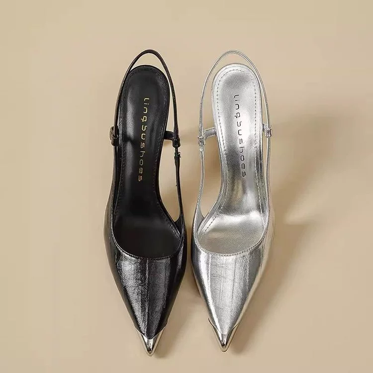Серебряные босоножки для женщин лето 2025, новый французский стиль, высококачественные, с открытой пяткой, к юбке, на шпильке.