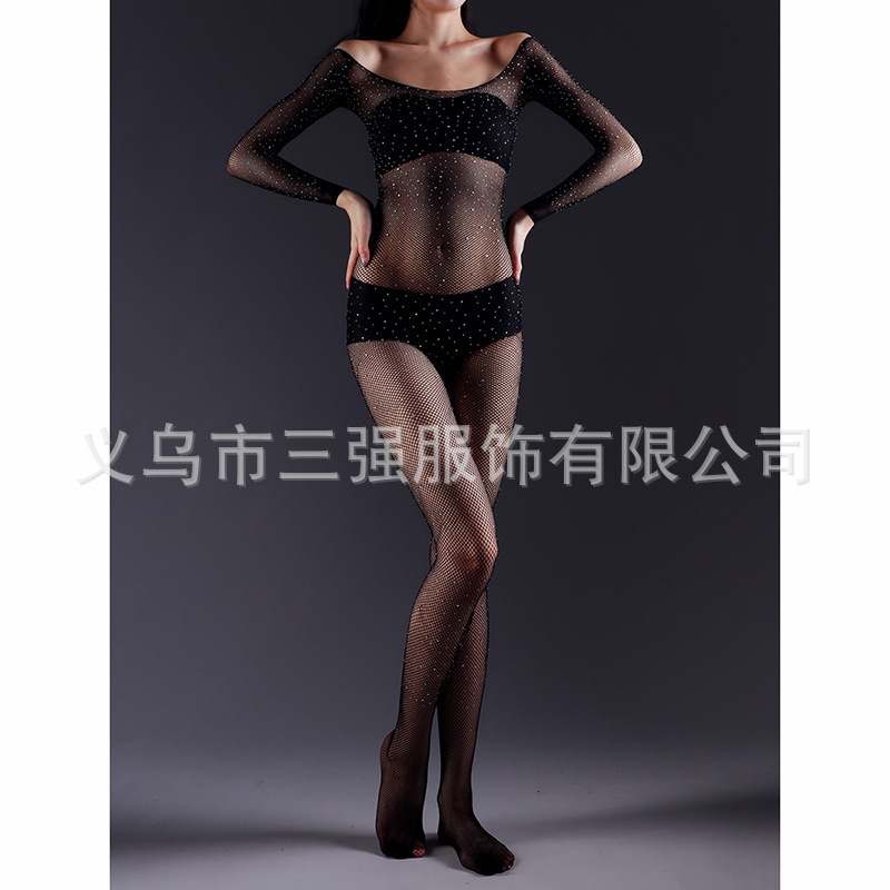 European and American Foreign Trade Hot Drilling One-piece Mesh Full-body Sexy Mesh Tight Clothes Long Sleeve Small Mesh Shaping Clothes Not Open Crotch European and American Foreign Trade Hot Drilling One-piece Mesh Full-body Sexy Mesh Tight Clothes Long Sleeve Small Mesh Shaping Clothes Not Open Crotch