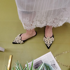 平跟拖鞋珍珠蕾絲尖頭包頭半拖平底涼鞋女夏涼拖手工水鑽串珠