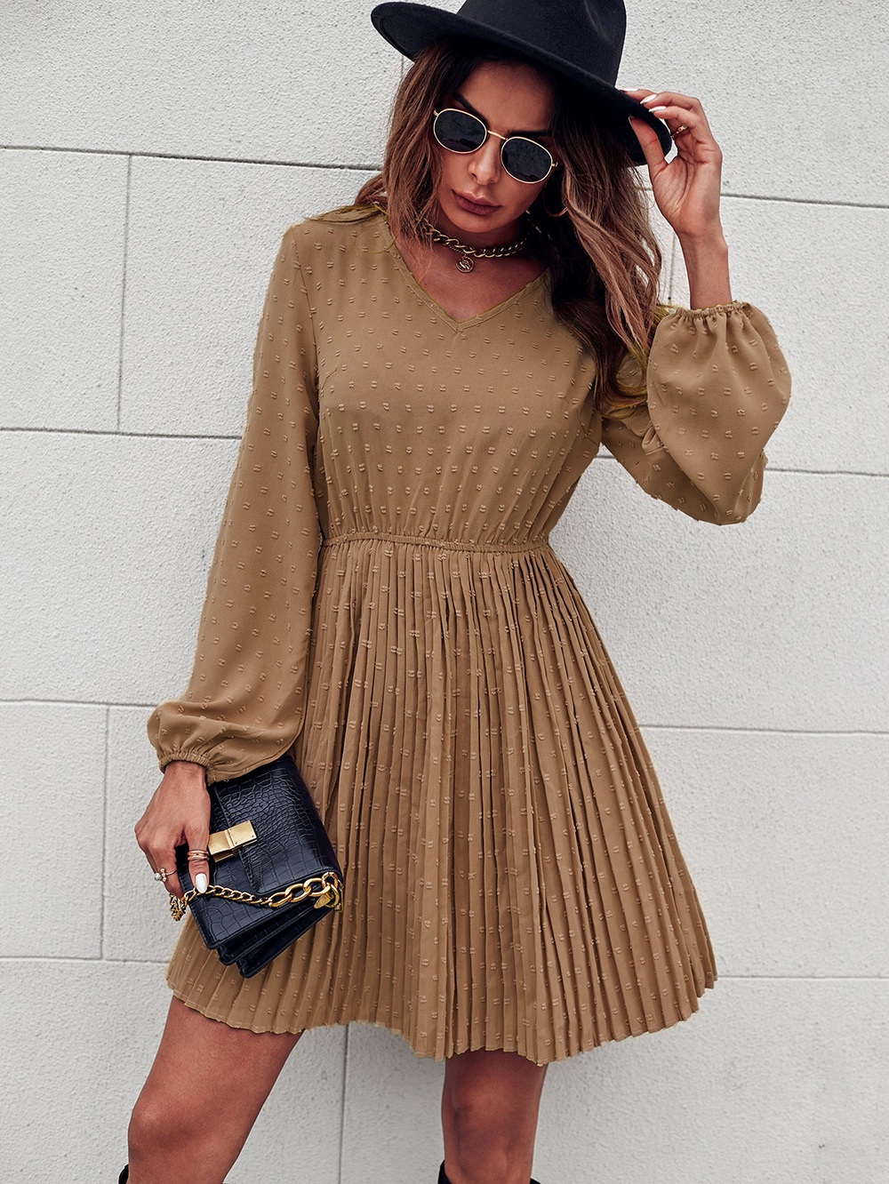 spring solid color long-sleeved V-neck polka dot OL commuter pleated dress  NSNCK118817