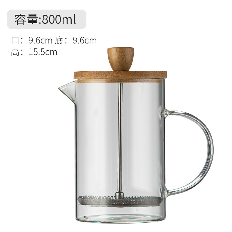 Cafetera de preparación, olla de filtro de perforación manual, taza de filtro de café de espuma de leche de vidrio, tapa de acero inoxidable, olla de presión al por mayor