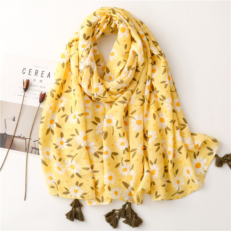 Spring New Herringbone Pattern Yellow Flower Beach Towel Shawl Big Gauze Scarf display picture 1